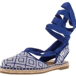 Womens TOMS Bella Woven Espadrilles Blue White Geometric Lace Up Flats Shoes 10